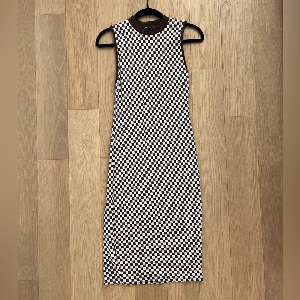 Zara Checker Brown and White Knit Midi Dress